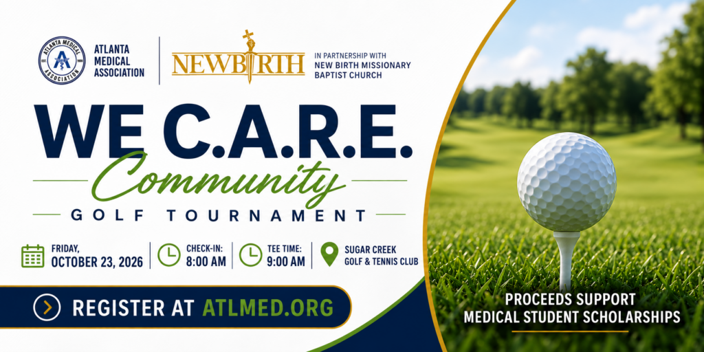 Banner for the We C.A.R.E. Community Golf Tournament on Friday, October 23, 2026 at Sugar Creek Golf & Tennis Club, with check-in at 8:00 AM and tee time at 9:00 AM