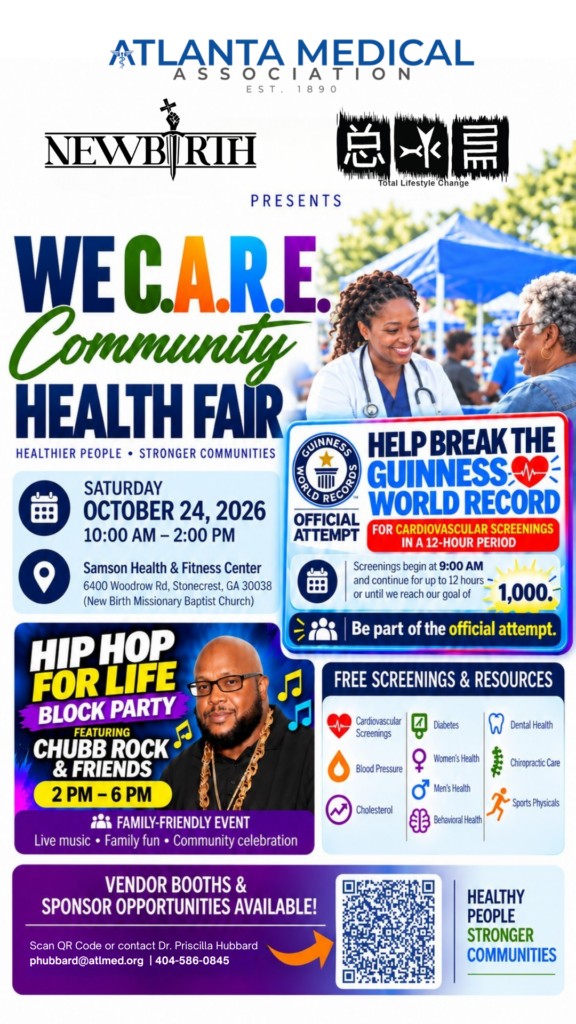 Flyer for the We C.A.R.E. Community Health Fair on Saturday, October 24, 2026, 10 AM to 2 PM at Samson Health & Fitness Center, with a Guinness World Record attempt and a block party